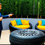 A skilled artisan in modest, professional work attire, presenting beautifully crafted furniture pieces made from repurposed tires. The scene is a bright, modern studio or a curated outdoor garden display. Featured items include upholstered tire poufs, stylish tire chairs with wooden tops, and decorative tire planters, all showcasing intricate details and vibrant colors. The artisan is gesturing towards the creations with a natural pose. fully clothed, appropriate attire, safe for work, professional, perfect anatomy, correct proportions, natural body proportions, well-formed hands, proper finger count, high quality professional photography.