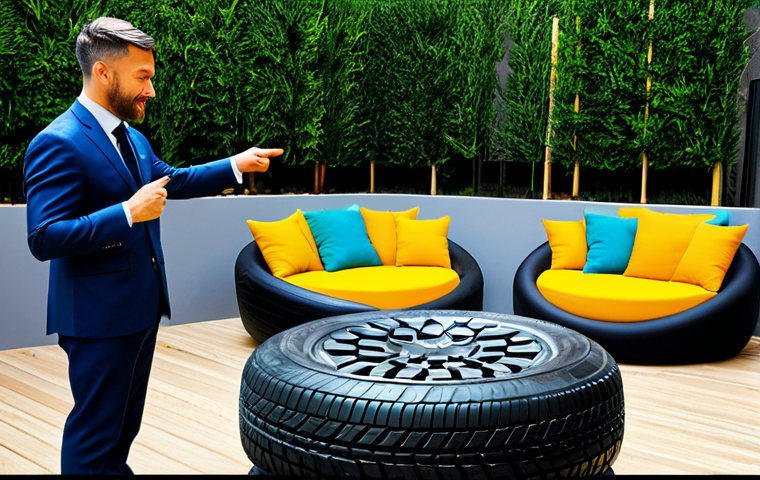 A skilled artisan in modest, professional work attire, presenting beautifully crafted furniture pieces made from repurposed tires. The scene is a bright, modern studio or a curated outdoor garden display. Featured items include upholstered tire poufs, stylish tire chairs with wooden tops, and decorative tire planters, all showcasing intricate details and vibrant colors. The artisan is gesturing towards the creations with a natural pose. fully clothed, appropriate attire, safe for work, professional, perfect anatomy, correct proportions, natural body proportions, well-formed hands, proper finger count, high quality professional photography.
