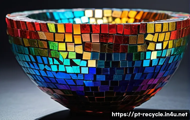 사용하지 않는 CD 재사용 - **"A close-up shot of a beautifully crafted vase adorned with a vibrant mosaic made from discarded C...