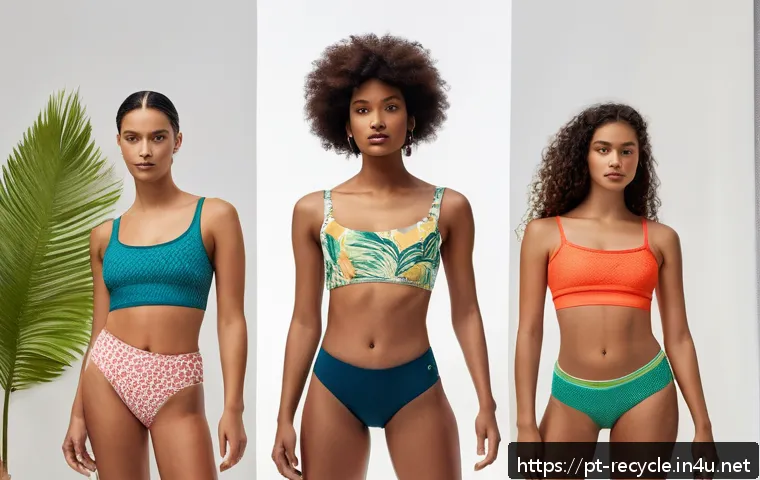 재활용된 플라스틱의 새로운 용도 - A modern, eco-friendly Brazilian fashion studio showcasing diverse models wearing stylish recycled P...