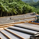 Home 16 친환경 건축 소재 소개 - A modern sustainable construction site in Brazil featuring workers installing recycled concrete made...