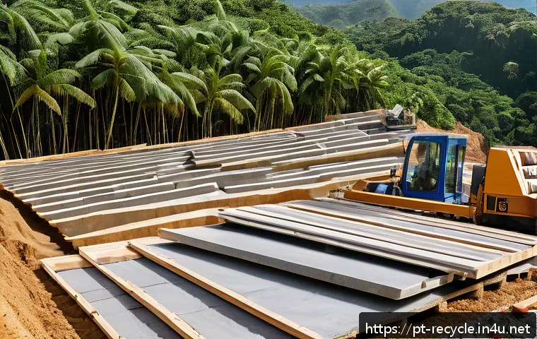 친환경 건축 소재 소개 - A modern sustainable construction site in Brazil featuring workers installing recycled concrete made...