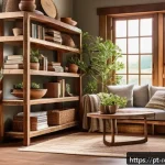 Home 21 폐목재 DIY 아이템 - A cozy living room corner featuring a rustic bookshelf made from recycled eucalyptus wood, showcasin...