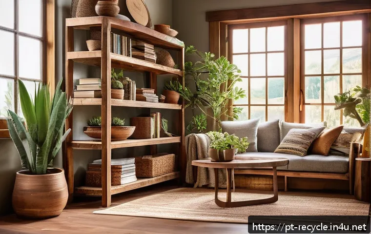 폐목재 DIY 아이템 - A cozy living room corner featuring a rustic bookshelf made from recycled eucalyptus wood, showcasin...