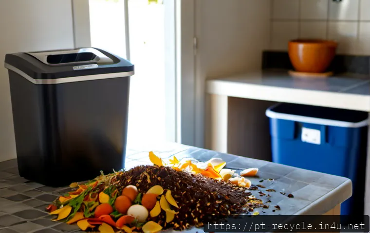 음식물 쓰레기 처리법 - Photorealistic bright Portuguese home kitchen, an adult sorting leftover vegetable peels, coffee gro...