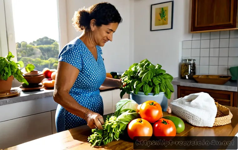 지속 가능한 라이프스타일 - Photorealistic sustainable lifestyle scene in a bright Portuguese apartment kitchen, a middle-aged w...